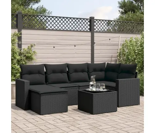 Sofos Komplektas Su Pagalvėlėmis, 7 Dalių, Juodas, Poliratanas