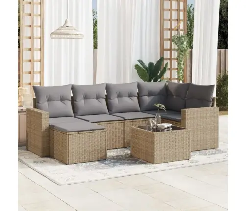 Sofos Komplektas Su Pagalvėlėmis, 7 Dalių, Smėlio, Poliratanas