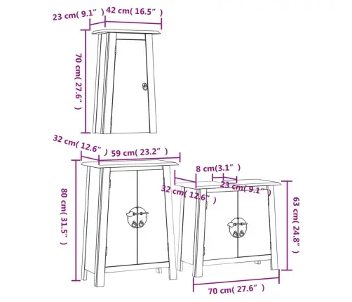 Vonios Kambario Baldų Komplektas, 3 Dalių, Pušies Masyvas