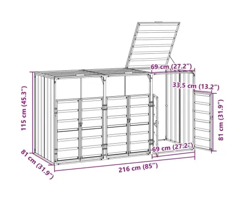 Atkritumu Tvertņu Novietne, Pelēka, 216X81X115 Cm, Tērauds Vidaxl