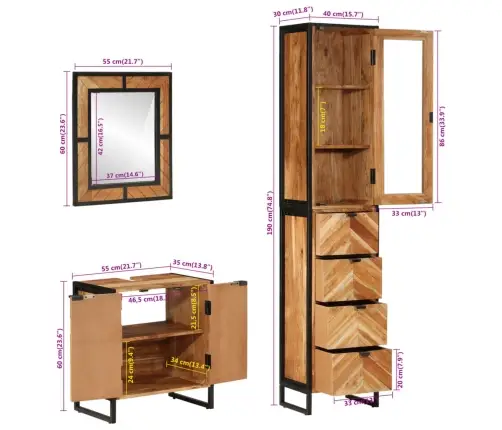 3-Daļīgs Vannasistabas Mēbeļu Komplekts, Dzelzs, Akācijas Koks Vidaxl