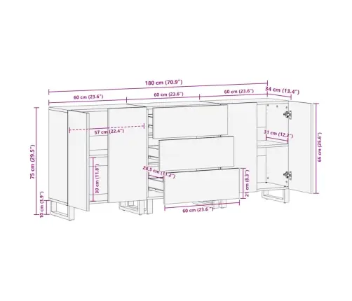 Puhvetkapid 3 Tk, 60 X 34 X 75 cm Töötlemata Mangopuit