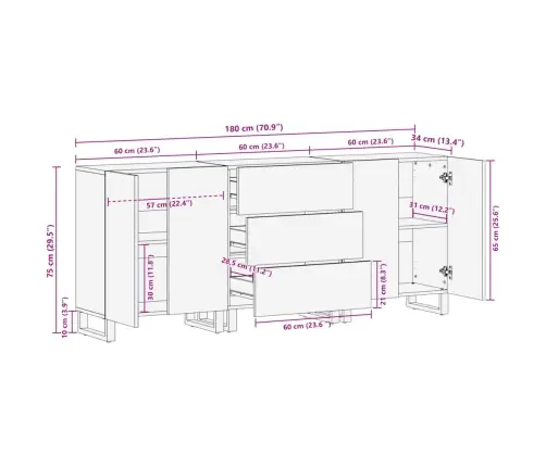 Šoninės Spintelės, 3Vnt., 60X34X75cm Akacijos Medienos Masyvas