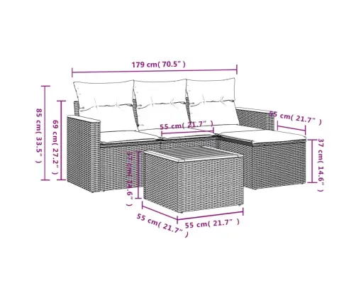5-Osaline Aiamööblikomplekt Istmepatjadega, Polürotang, Hall