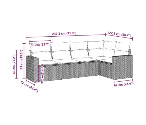 5-Daļīgs Dārza Dīvānu Komplekts, Matrači, Brūna Pe Rotangpalma Vidaxl