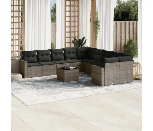 11-Daļīgs Dārza Dīvāna Komplekts Ar Matračiem, Pelēks Pe Pinums Vidaxl