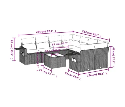 9-Daļīgs Dārza Dīvānu Komplekts, Matrači, Bēša Pe Rotangpalma Vidaxl