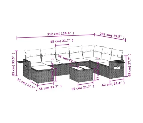 Sofos Komplektas Su Pagalvėlėmis, 9 Dalių, Pilkas, Poliratanas