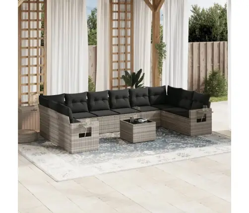 11-Daļīgs Dārza Dīvāna Komplekts Ar Matračiem, Pelēka Pe Pinums Vidaxl