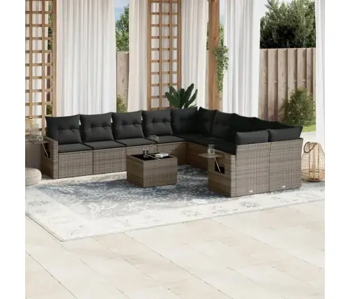 11-Daļīgs Dārza Dīvāna Komplekts Ar Matračiem, Pelēks Pe Pinums Vidaxl