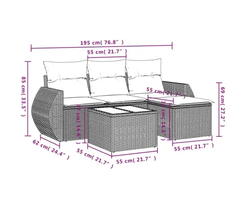 5-Daļīgs Dārza Dīvāna Komplekts Ar Matračiem, Pelēks Pe Pinums Vidaxl