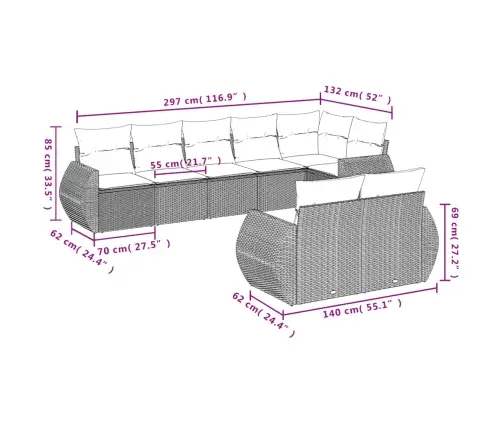 8-Daļīgs Dārza Dīvāna Komplekts Ar Matračiem, Pelēks Pe Pinums Vidaxl
