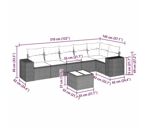 7-Osaline Aiamööblikomplekt Patjadega, Helehall, Polürotang