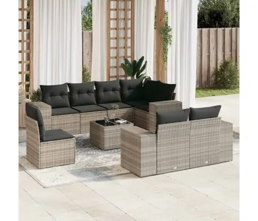 9-Daļīgs Dārza Dīvāna Komplekts,Matrači, Gaiši Pelēka Pe Pinums Vidaxl