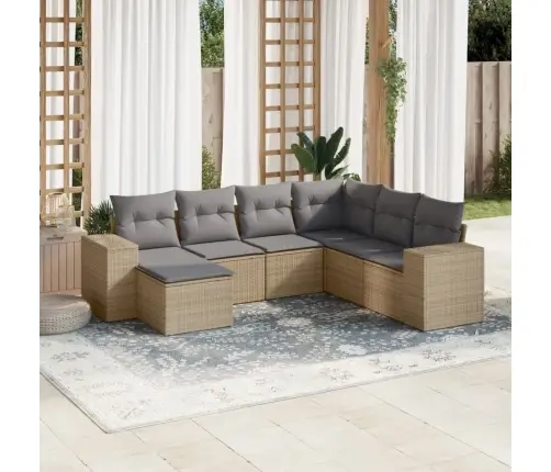 Sofos Komplektas Su Pagalvėlėmis, 7 Dalių, Smėlio, Poliratanas