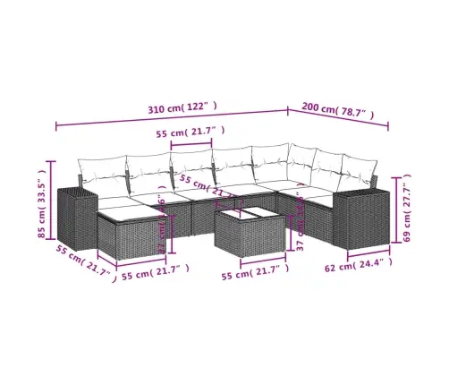 9-Daļīgs Dārza Dīvāna Komplekts, Matrači, Brūna Pe Rotangpalma Vidaxl