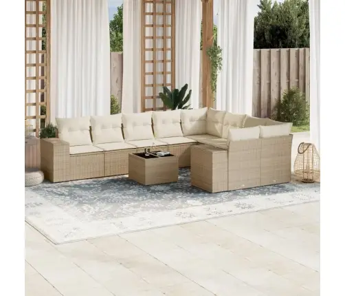 10-Daļīgs Dārza Dīvāna Komplekts, Matrači, Bēša Pe Rotangpalma Vidaxl