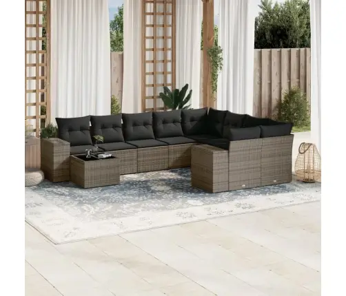 10-Daļīgs Dārza Dīvāna Komplekts Ar Matračiem, Pelēks Pe Pinums Vidaxl