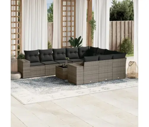 11-Daļīgs Dārza Dīvāna Komplekts Ar Matračiem, Pelēks Pe Pinums Vidaxl