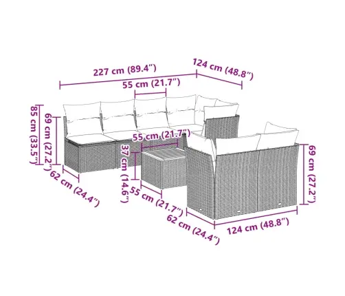 8-Daļīgs Dārza Dīvāna Komplekts Ar Matračiem, Pelēks Pe Pinums Vidaxl