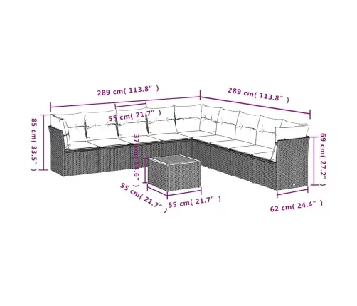 10Daļīgs Dārza Dīvāna Komplekts Ar Matračiem Pelēka Rotangpalma Vidaxl