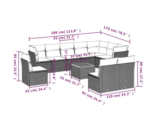 11-Daļīgs Dārza Dīvāna Komplekts Ar Matračiem,Pe Rotangpalma Vidaxl