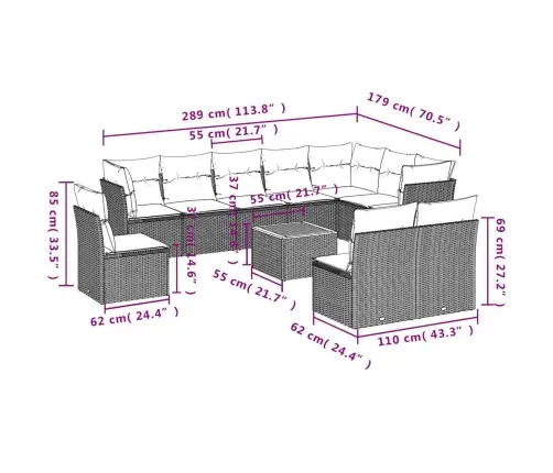 11-Daļīgs Dārza Dīvāna Komplekts Ar Matračiem, Pelēks Pe Pinums Vidaxl