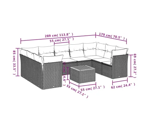 10-Daļīgs Dārza Dīvāna Komplekts Ar Matračiem, Pelēks Pe Pinums Vidaxl