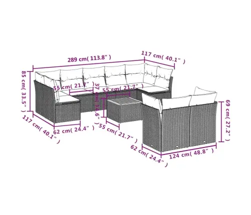 10Daļīgs Dārza Dīvāna Komplekts Ar Matračiem Pelēka Rotangpalma Vidaxl