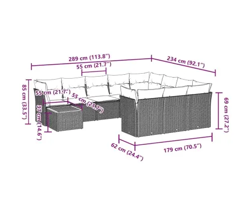 11-Daļīgs Dārza Dīvāna Komplekts Ar Matračiem, Pelēks Pe Pinums Vidaxl