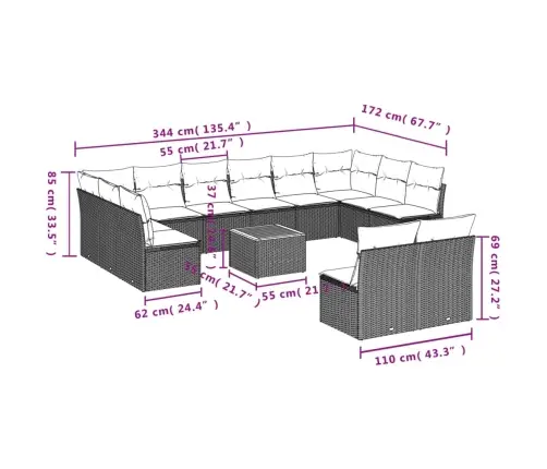 13-Daļīgs Dārza Dīvānu Komplekts Ar Matračiem, Pelēks Pe Vidaxl