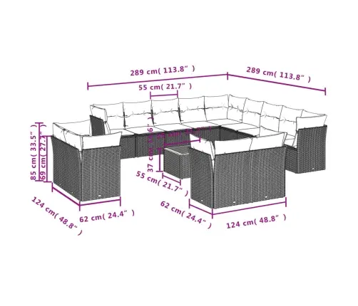 14-Daļīgs Dārza Dīvānu Komplekts, Matrači,Pelēka Pe Rotangpalma Vidaxl