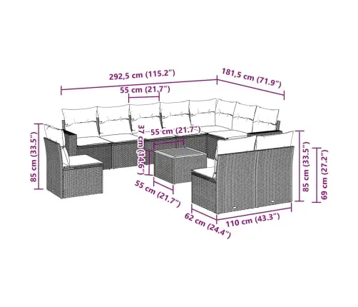 11-Daļīgs Dārza Dīvāna Komplekts, Matrači, Melna Pe Rotangpalma Vidaxl