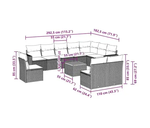 11-Daļīgs Dārza Dīvāna Komplekts Ar Matračiem, Pelēks Pe Pinums Vidaxl