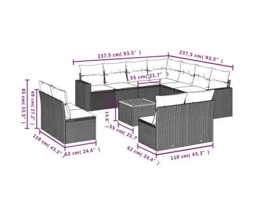 12-Osaline Aiadiivani Komplekt Patjadega, Must, Polürotang