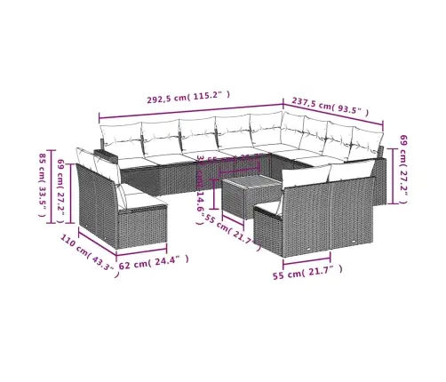 13-Daļīgs Dārza Dīvānu Komplekts Ar Matračiem, Pelēks Pe Vidaxl