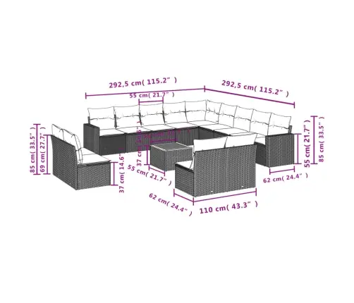 14-Daļīgs Dārza Dīvāna Komplekts, Matrači, Melna Pe Rotangpalma Vidaxl