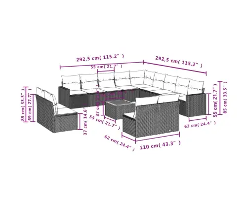 14-Daļīgs Dārza Dīvānu Komplekts, Matrači,Pelēka Pe Rotangpalma Vidaxl