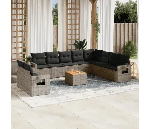 11-Daļīgs Dārza Dīvāna Komplekts Ar Matračiem, Pelēks Pe Pinums Vidaxl