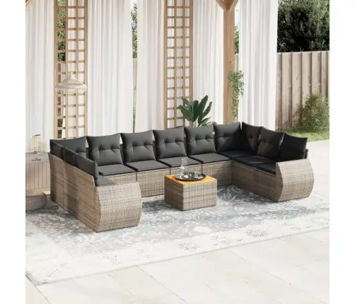 11-Daļīgs Dārza Dīvāna Komplekts Ar Matračiem, Pelēks Pe Pinums Vidaxl