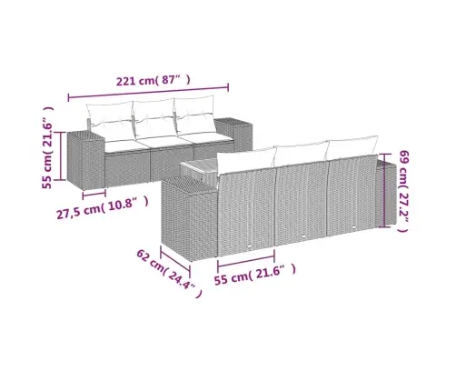 7-Daļīgs Dārza Dīvāna Komplekts, Matrači, Pelēka Pe Rotangpalma Vidaxl