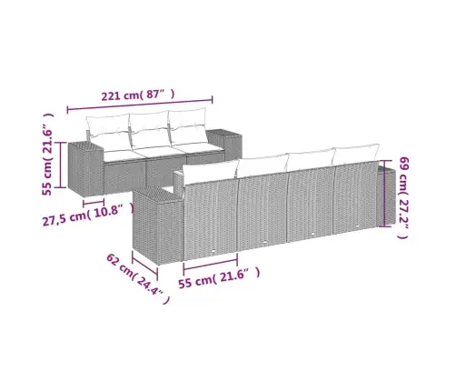 8-Daļīgs Dārza Dīvāna Komplekts Ar Matračiem, Pelēks Pe Pinums Vidaxl