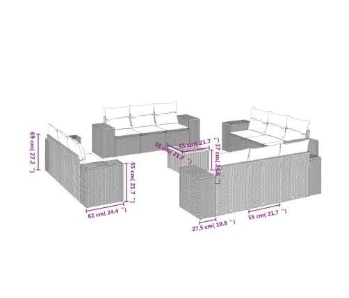Sofos Komplektas Su Pagalvėlėmis, 13 Dalių, Smėlio, Poliratanas
