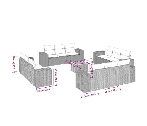 13-Daļīgs Dārza Dīvāna Komplekts, Matrači, Bēša Pe Rotangpalma Vidaxl