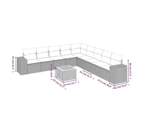 10-Daļīgs Dārza Dīvāna Komplekts, Matrači, Melna Pe Rotangpalma Vidaxl