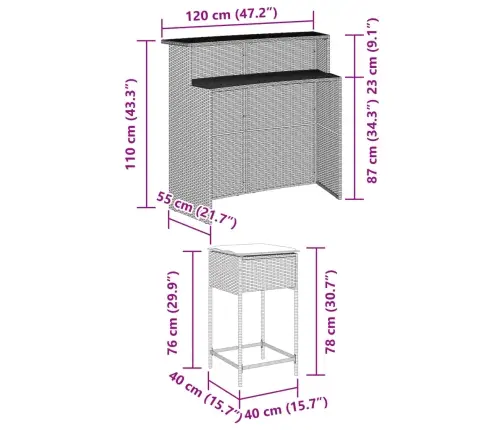 3-Osaline Aia Baarikomplekt Istmepatjadega, Must, Polürotang