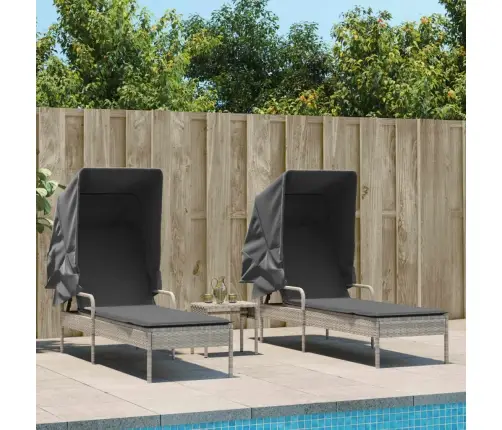 Saulės Gultai Su Skliautais/Staliuku, 2Vnt., Pilki, Poliratanas Saulės Gultai Su Skliautais/Staliuku, 2Vnt., Pilki, Poliratanas