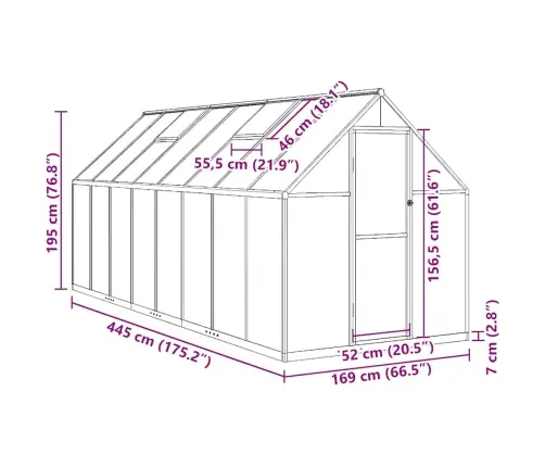 Kasvuhoone Alusraamiga, Hõbedane, 445X169X195 cm Alumiinium