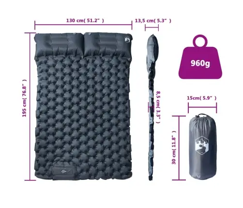 Pašpiepūšams Kempinga Matracis, Spilveni, Divvietīgs, Pelēks Vidaxl