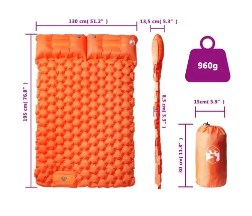 Pašpiepūšams Kempinga Matracis, Spilveni, Divvietīgs, Oranžs Vidaxl